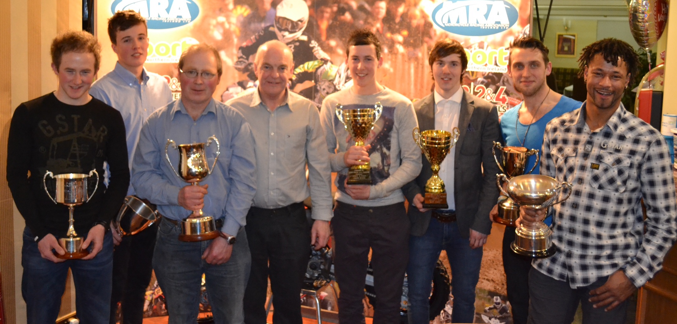 Prize Winners (L to R) David Gorman, Scott Leaney, Terry McCann, Billy McLarnin (Chairman), Callum Meara, Gary Gibson, Donal Teague, Steven White